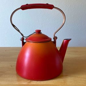 Vintage Mid-Century Red Enamel Cast Iron Tea Kettle, Descoware Made in Belgium